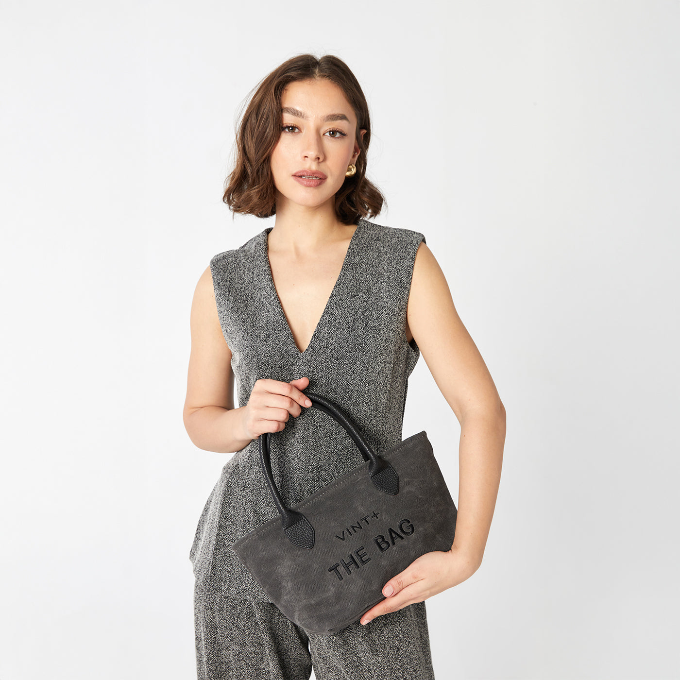 WAXED CANVAS FINE BAG - SMALL - ANTHRACITE (leather strap incl.)