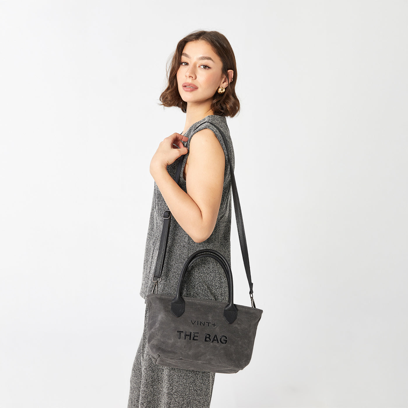 WAXED CANVAS FINE BAG - SMALL - ANTHRACITE (leather strap incl.)