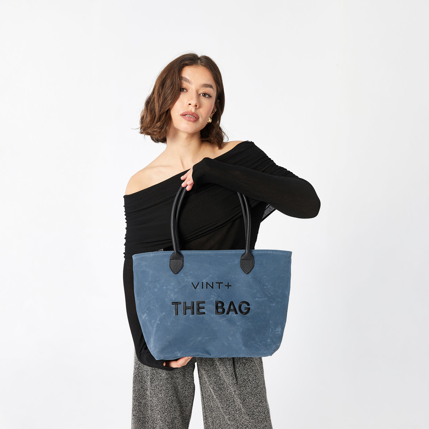 WAXED CANVAS FINE BAG - BIG - DENIM BLUE (leather strap incl.)