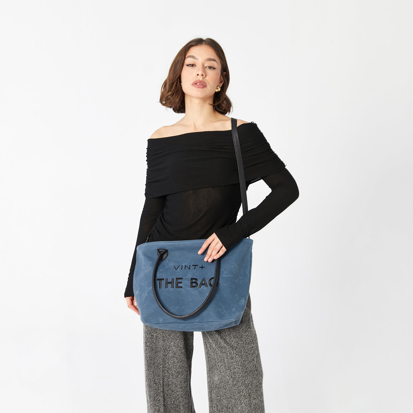 WAXED CANVAS FINE BAG - BIG - DENIM BLUE (leather strap incl.)