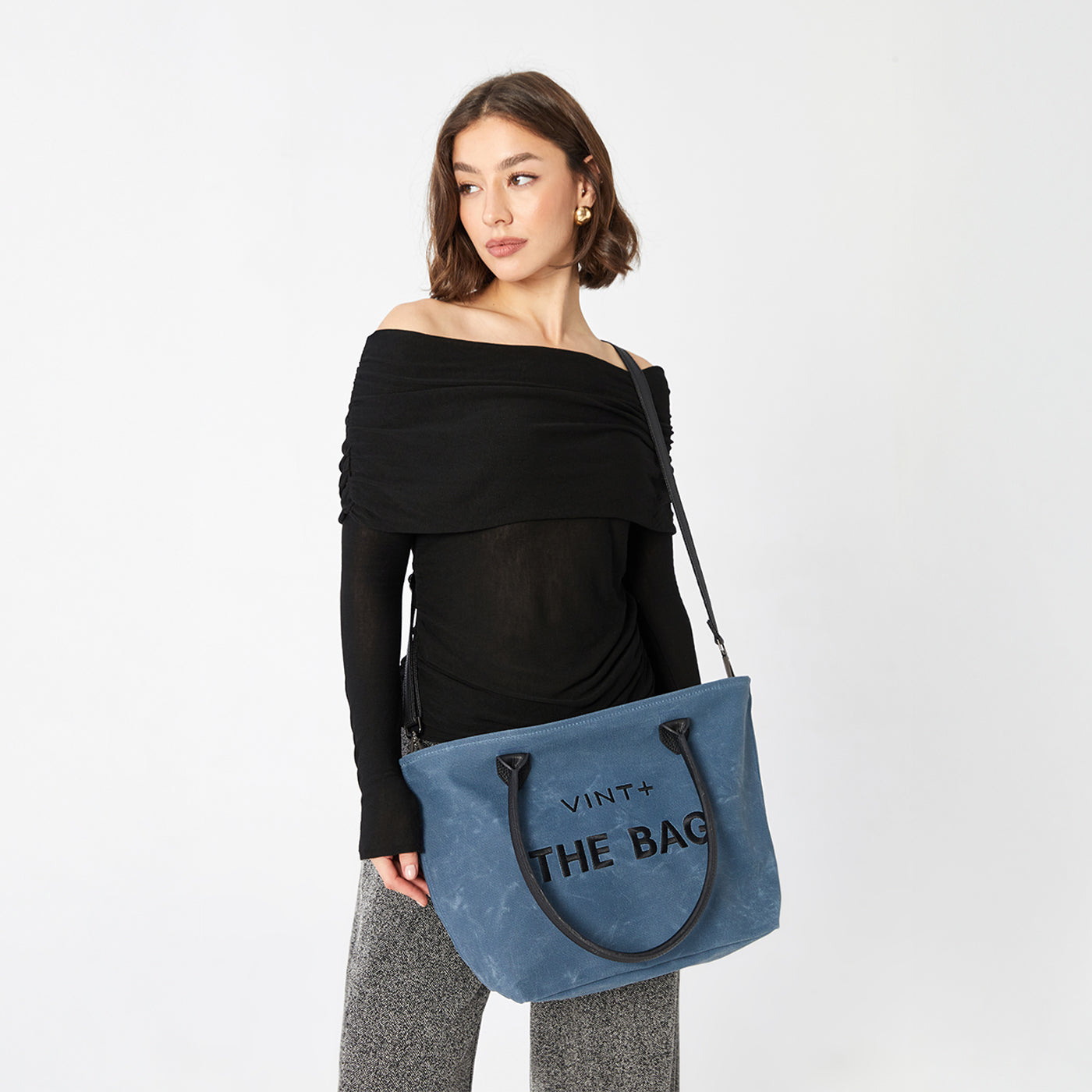 WAXED CANVAS FINE BAG - BIG - DENIM BLUE (leather strap incl.)