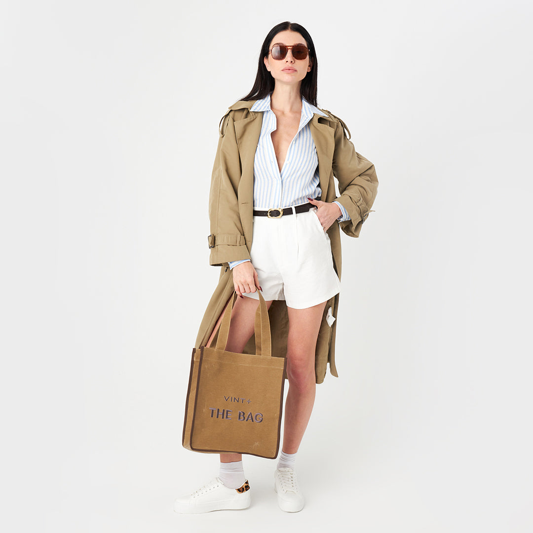 WAXED CANVAS TOTE BAG - LONG - BEIGE / BRAUN