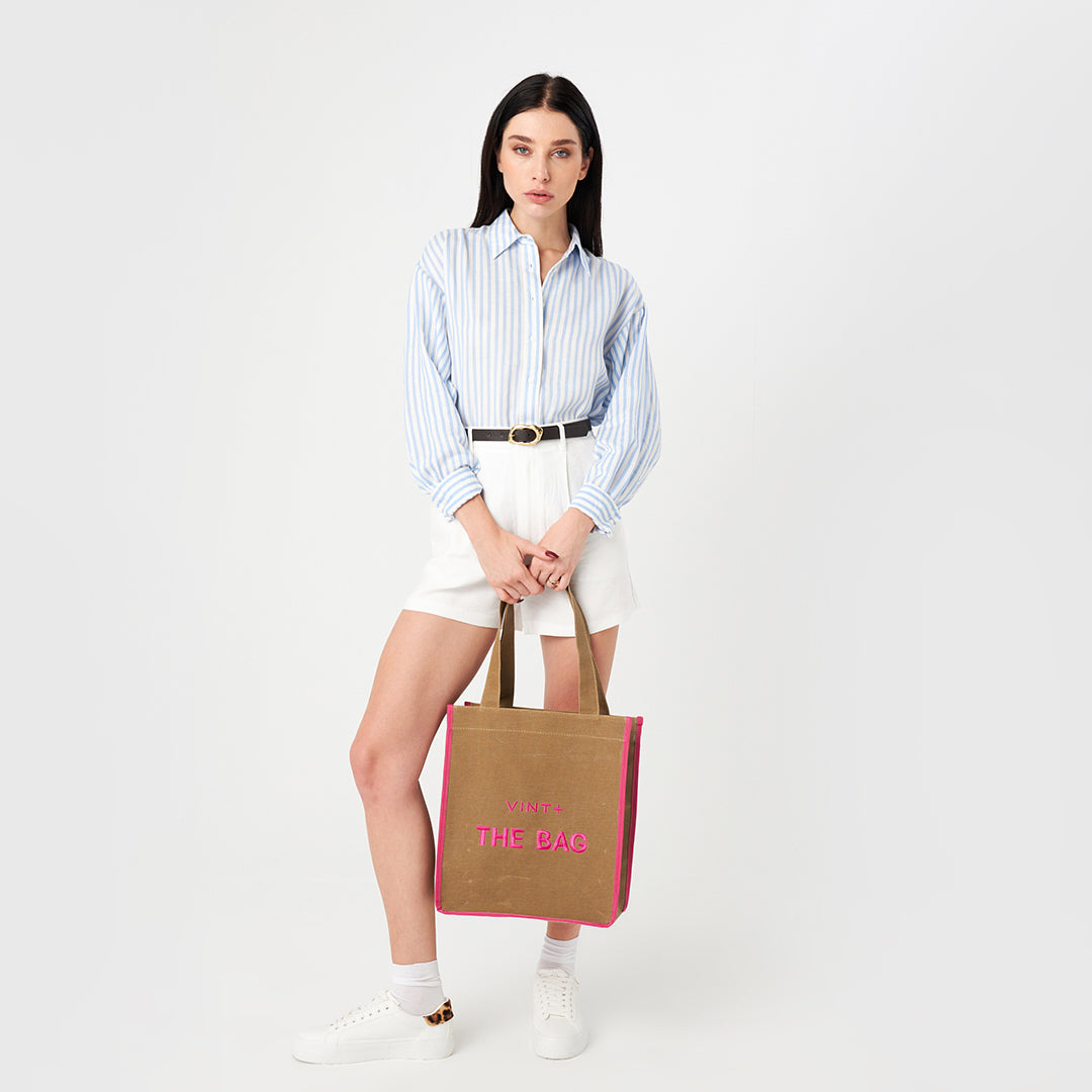 SAC CABAS EN TOILE - LONG - BEIGE / ROSE