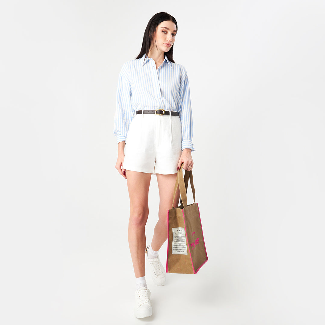 SAC CABAS EN TOILE - LONG - BEIGE / ROSE