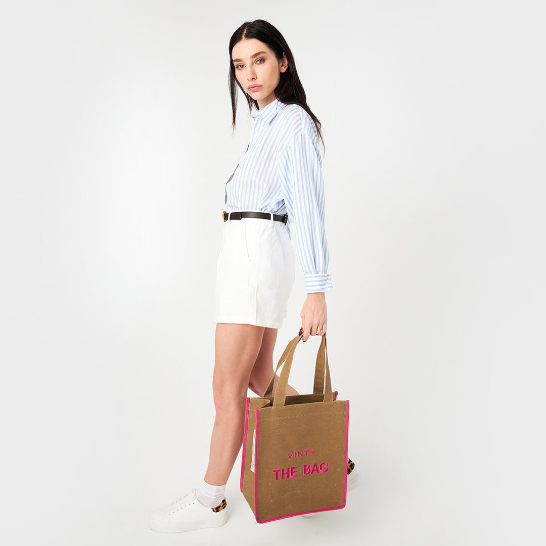 SAC CABAS EN TOILE - LONG - BEIGE / ROSE