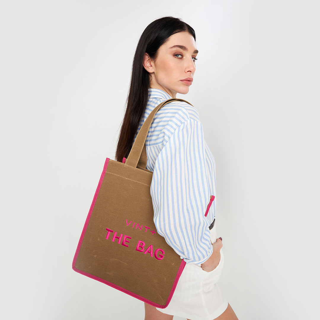 SAC CABAS EN TOILE - LONG - BEIGE / ROSE