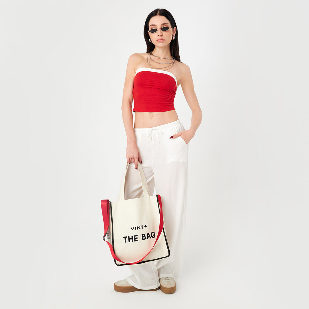 CANVAS TOTE BAG - LONG - CREME WEIß / SCHWARZ