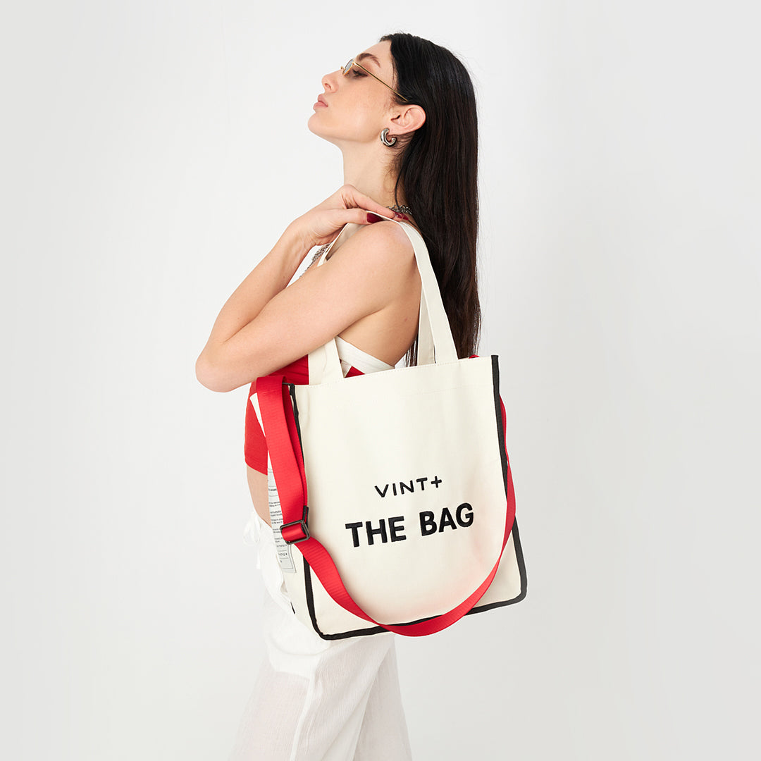 CANVAS TOTE BAG - LONG - CREME WEIß / SCHWARZ