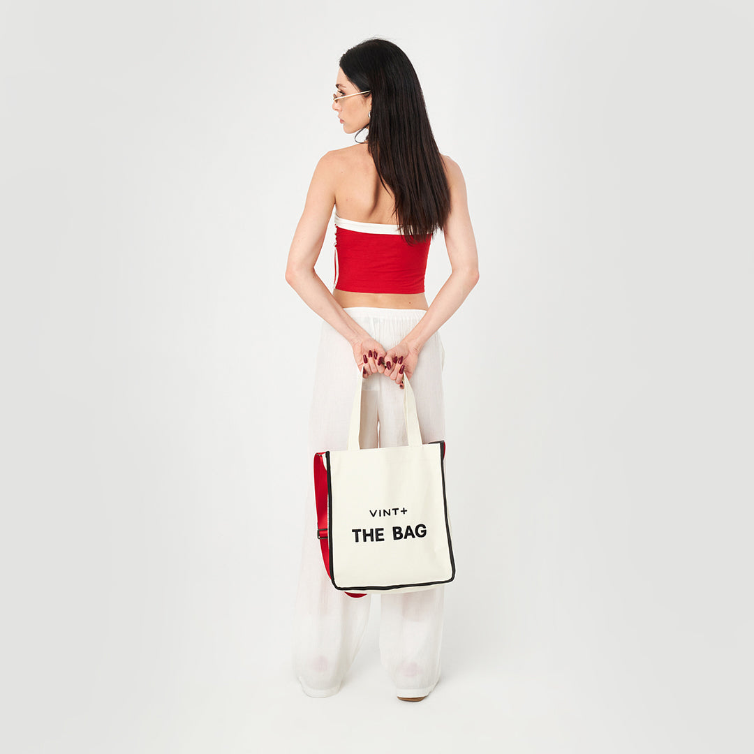 CANVAS TOTE BAG - LONG - CREME WEIß / SCHWARZ