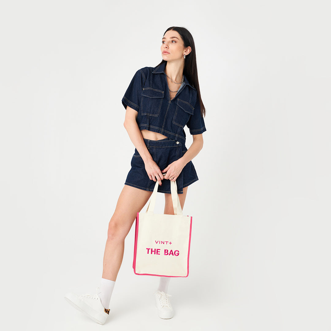 CANVAS TOTE BAG - LONG - CREME WEIß / PINK