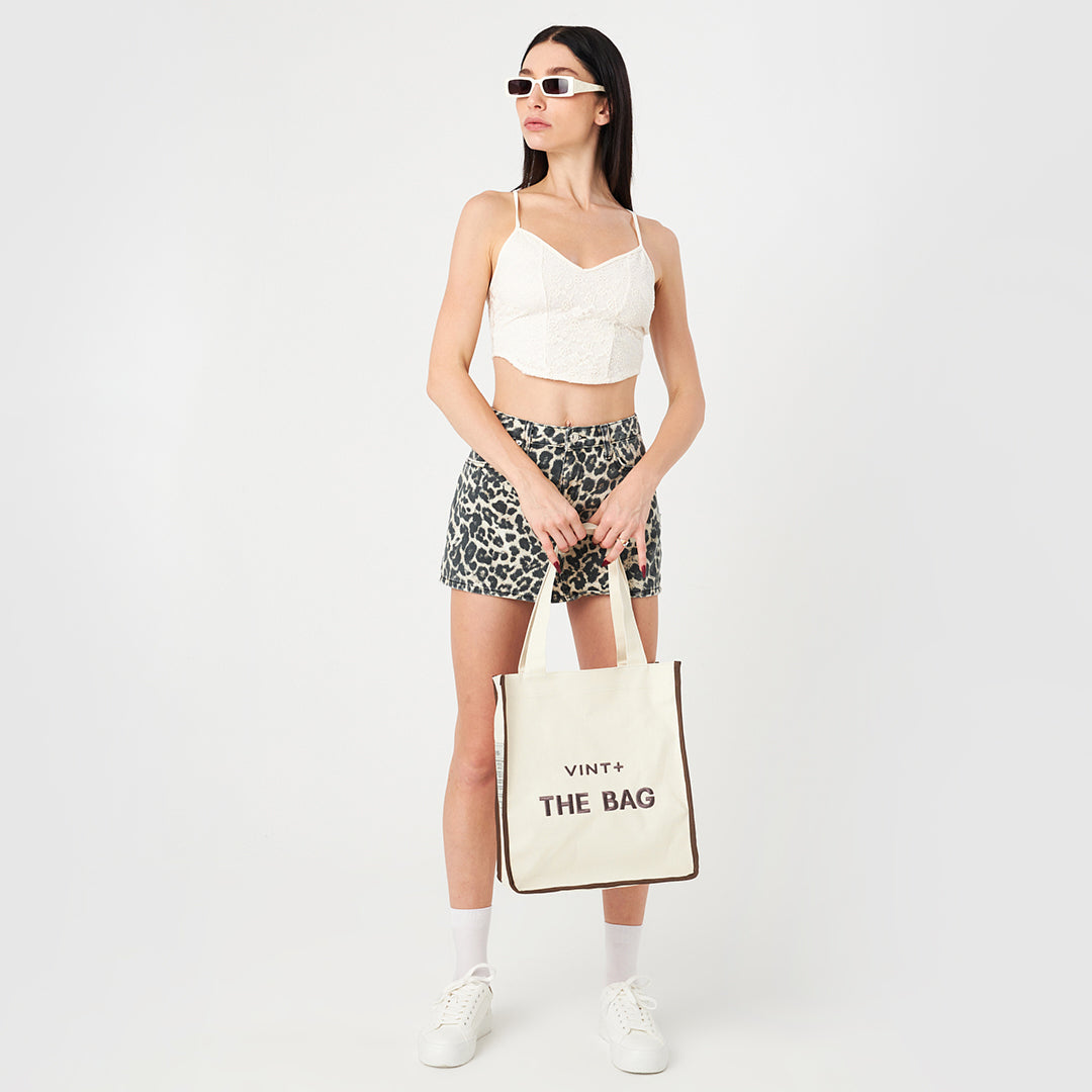 CANVAS TOTE BAG - LONG - CREME WEIß / BRAUN