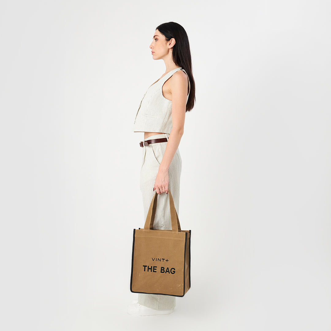 WAXED CANVAS TOTE BAG - LONG - BEIGE / BLACK