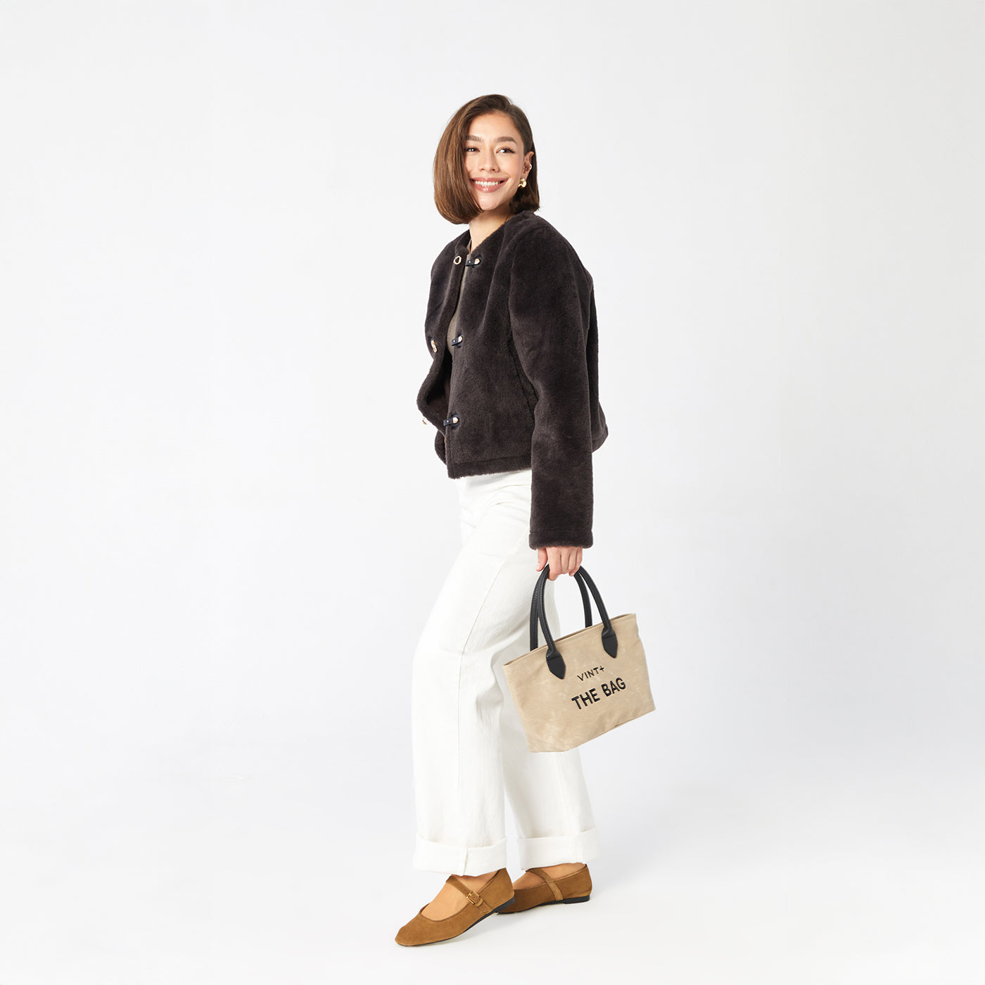 Mumlu Kanvas Şık Çanta - Küçük Boy - Kum Rengi (deri askı dahil)