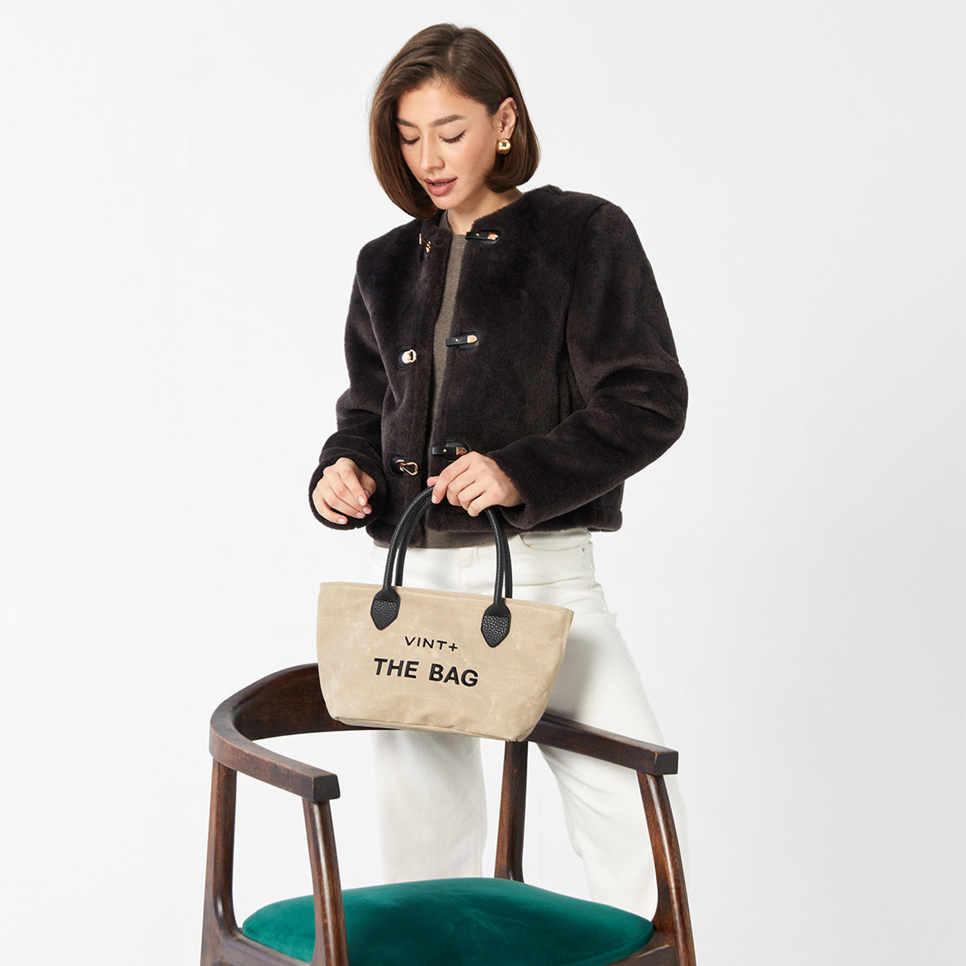 Mumlu Kanvas Şık Çanta - Küçük Boy - Kum Rengi (deri askı dahil)